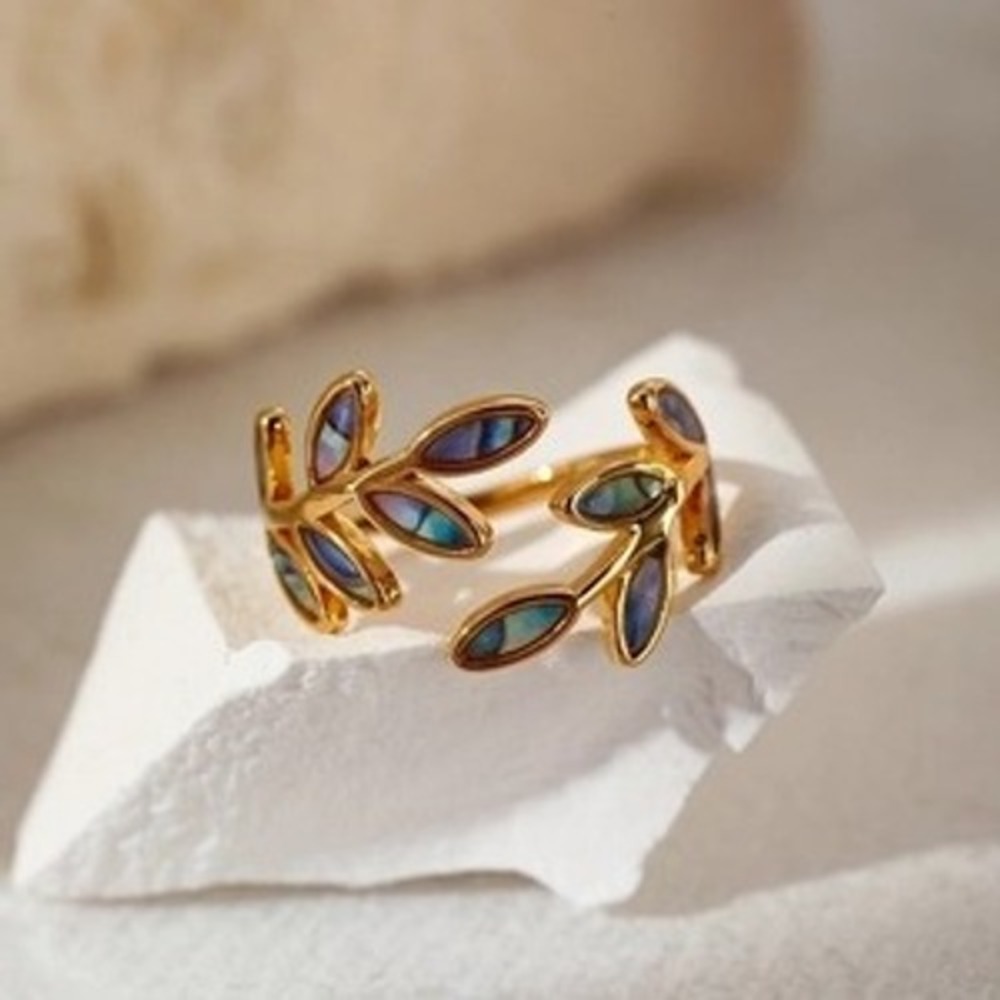 Gold‎ Olive Branch Ring Abalone Mother of Pearl Stainless Steel Leaf Bypass Ring